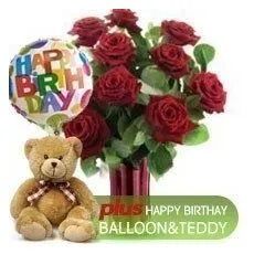 12 Red Roses + Teddy + Birthday Balloon