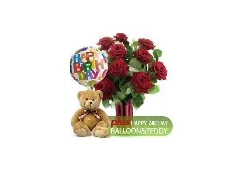 12 Red Roses Teddy Birthday Balloon