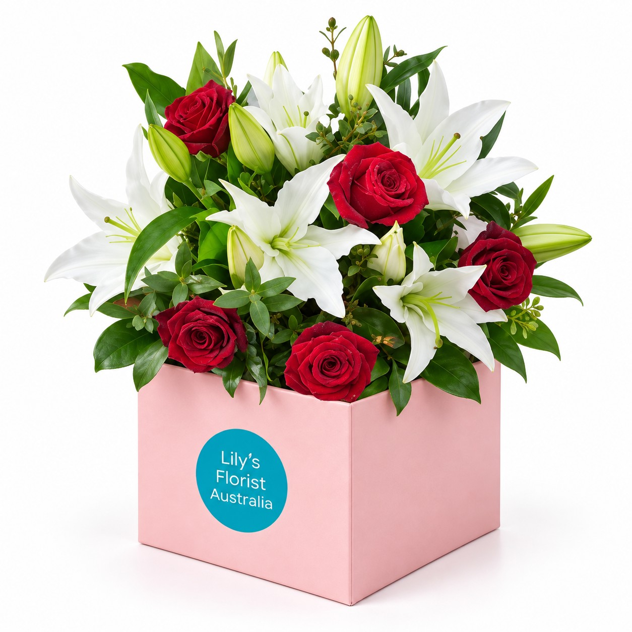 Lily and Rose Arrangement, tall lilies with deep coloured roses