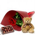 Single Rose With Chocolates And Teddy