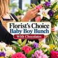 Florist's choice baby boy bunch of flowers with a box of yummy chocolates