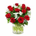 12 red classic roses in a wrapped bunch