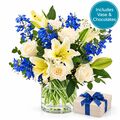 Blue mist bunch with vase and a box of chocolates