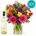 Bright bunch with bottle of white wine perfect for birthdays