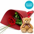 Cute and romantic. The best of both worlds with this single wrapped rose and teddy bear