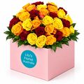 Stunning display of mixed fire coloured roses designed to impress
