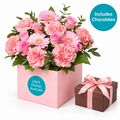 Roses and carnations with chocolates set in a box