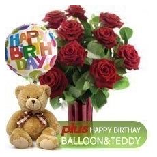 12 Red Roses Teddy Birthday Balloon