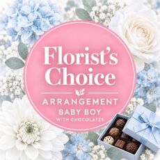Florists choice baby boy arrangement with chocolates