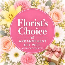 Get well flowers in an arrangement with chocolates