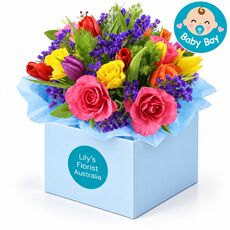 Flowers for a new baby boy set in a boxed arrangement