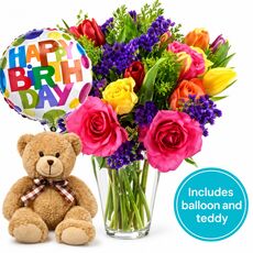 Bright bunch package for a birthday including a teddy and balloon