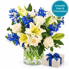 Blue mist bunch with vase and a box of chocolates