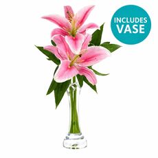 Beautiful lilies in a lovely glass vase which will last for many days