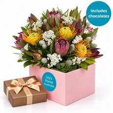 One of the most popular arrangements Native Australia flowers with a box of chocolates