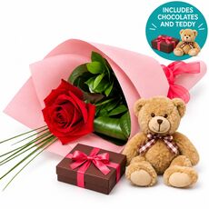 Single red rose, a box of chocolates and teddy bear included