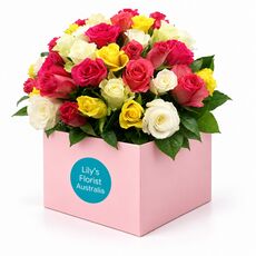 Stunning mix of coloured roses set in a pretty box