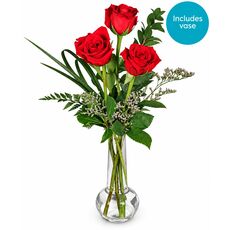 3 fresh red roses in a glass vase