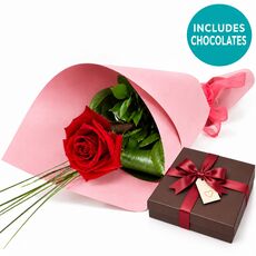 Single red rose and a box of chocolates makes the perfect gift