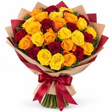 Stunning bunch of red, yellow and orange roses