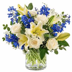 blue and cream bunch of flowers