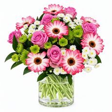 Floriade bunch of pink gerberas and pink roses