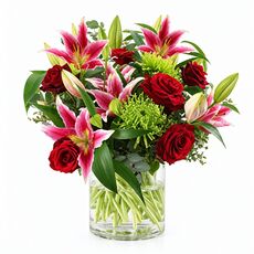 Red and pink lilies and roses