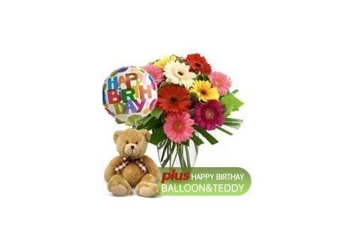 Gerbera Bunch + Teddy + Birthday Balloon