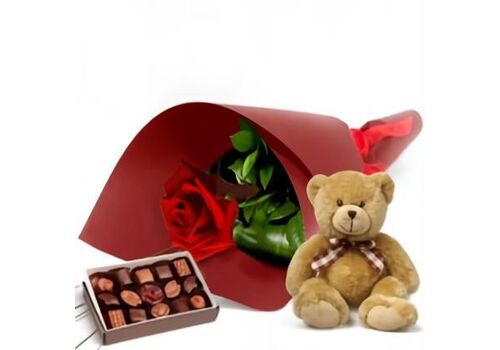 Single Rose With Chocolates And Teddy