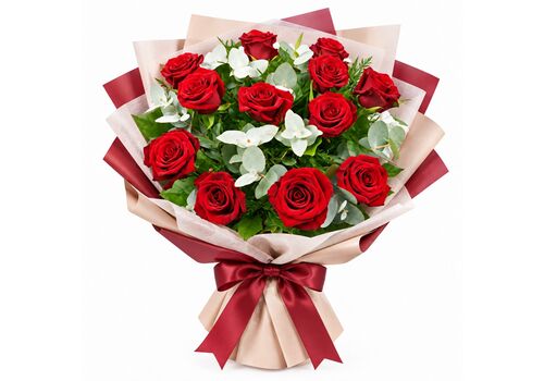 12 fresh red roses in a bunch