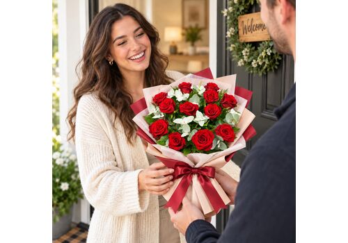 beautiful bunch of fresh dozen red roses
