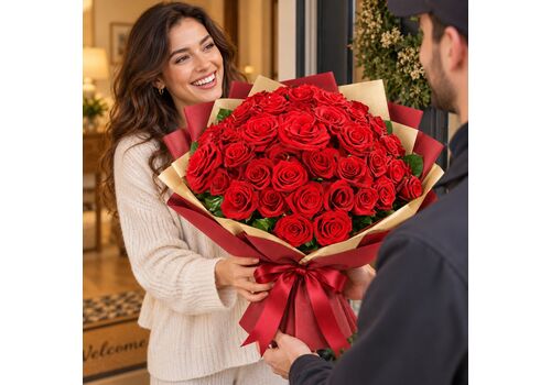 36 red roses arranged in a beautiful bunch