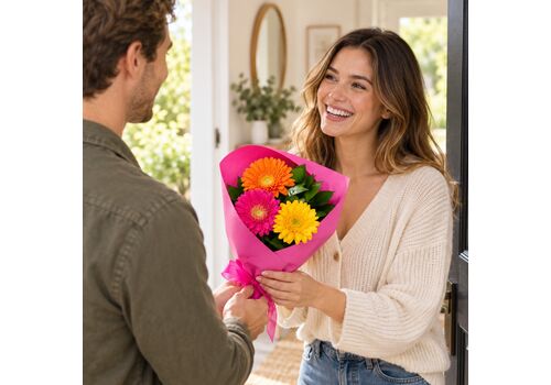 3 wrapped mixed gerbera as a fun gift