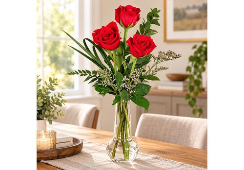 3 fresh red roses comes with a vase