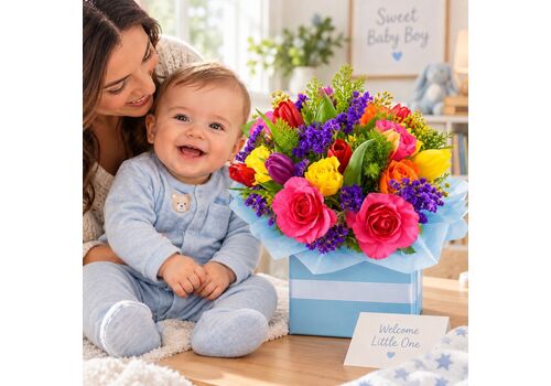 Boxed arrangement designed for the arrival of a new baby boy