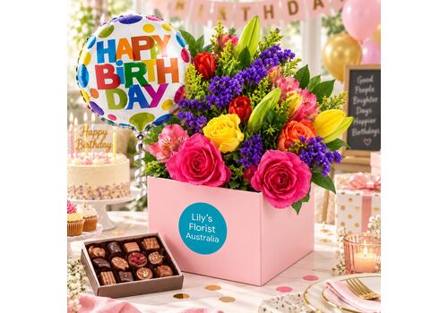 Birthday flowers with balloon and chocolates