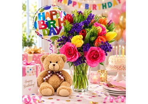 Bright birthday bunch with teddy and balloon