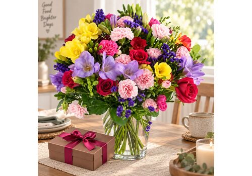 Big colourful bunch of fresh blooms with a box of chocolates