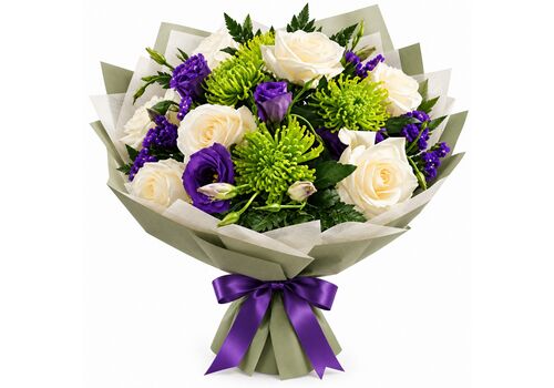 Beautiful lilac and lime flowers in a bunch with wrapping and ribbon