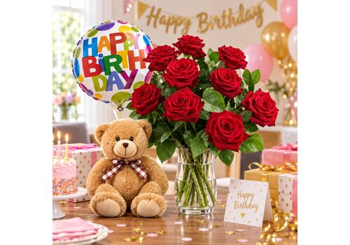 Party package of red red soes, teddy bear and balloon