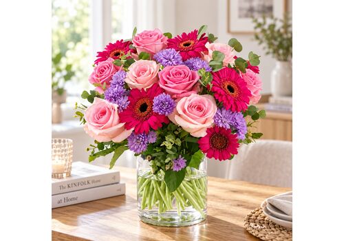 Beautiful roses and gerberas with a lovely glass vase