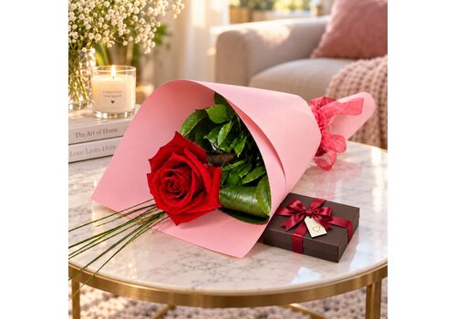 Single red rose with box of chocolates