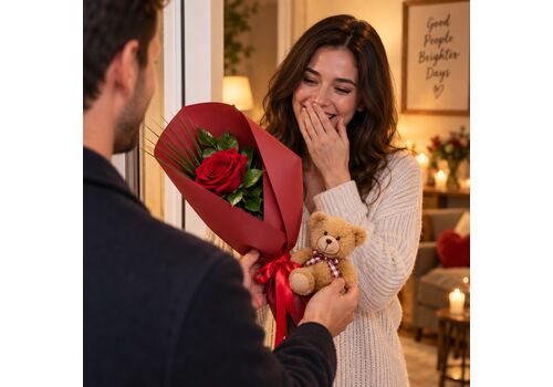 Single wrapped red rose with a cute teddy bear