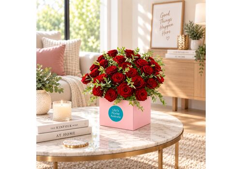 24 red roses set in boxed arrangement