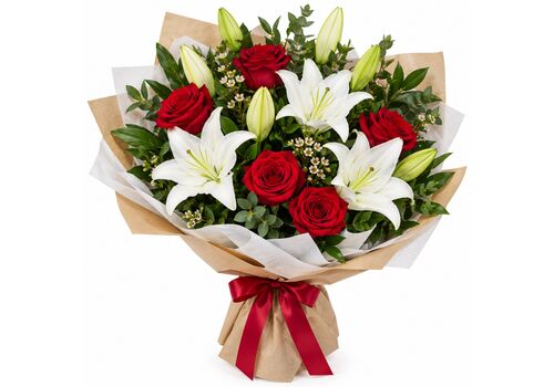 Lily and roses in a beautiful wrapped bunch