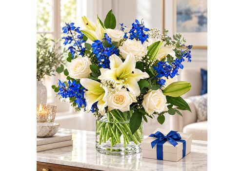Blue mist with vase and a box of chocolates