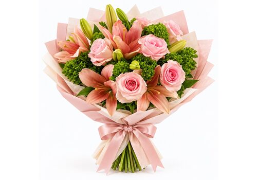 blush pink mixed roses and lily in wrapping