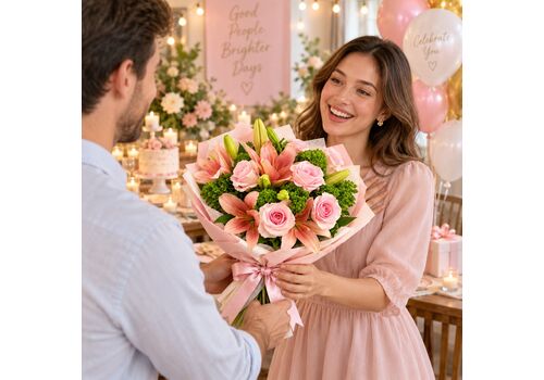 blush pink lily and roses in wrapping
