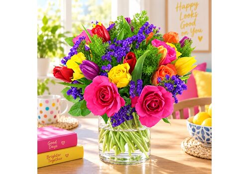 Bright bunch including a glass vase
