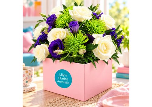 lilac and lime flowers in a box